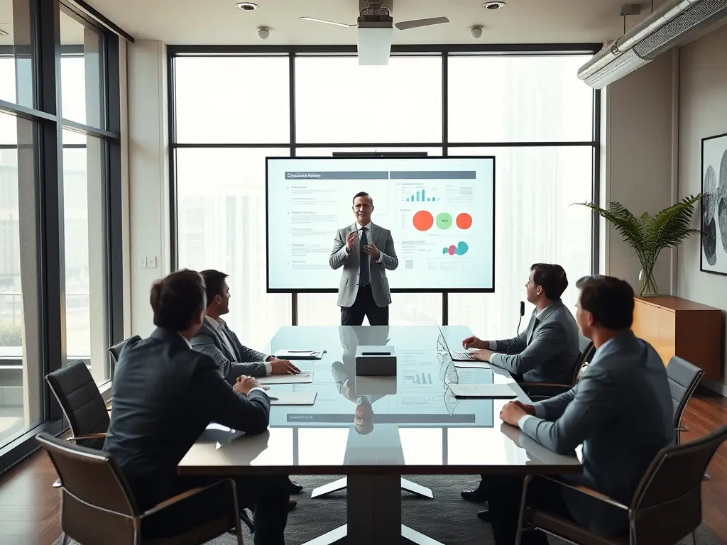 A consultant presenting a strategic plan to business executives in a modern office.